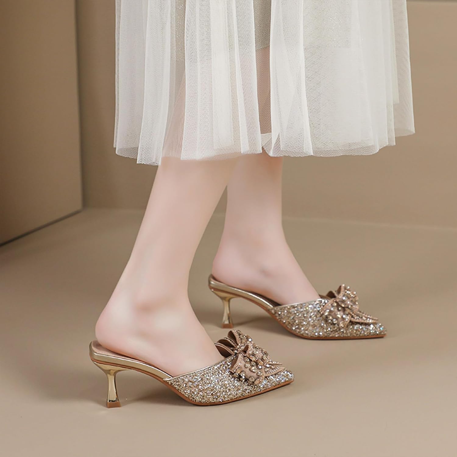 Women's Rhinestone Bow Glitter Kitten Heel Mules Closed Pointed Toe Fashion Backless Slip On Sparkly Stiletto Heeled Sandals for Wedding Bridal Party Dress - Image 2