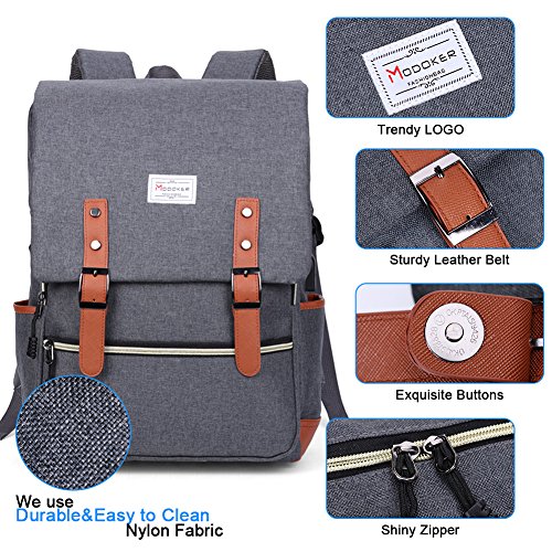 Modoker Vintage Laptop Backpack for Women Men,School College Backpack with USB Charging Port Fashion Backpack Fits 15 inch Notebook, Bookbag Grey