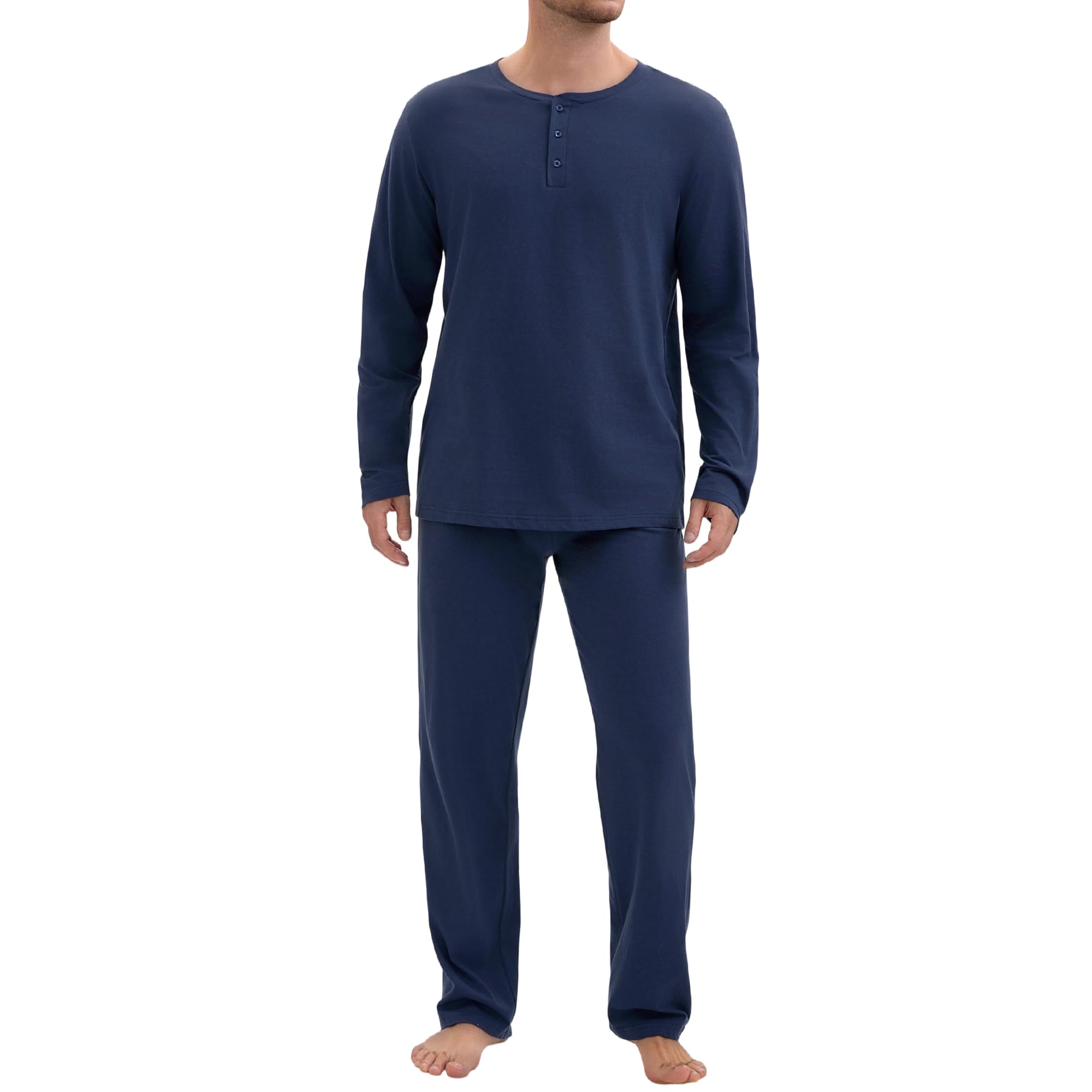 Navisting Mens Pajamas Set Comfy Pj Sets Long Sleeve Pajamas Cotton 2-Piece Loungewear Nightwear with Pockets Henley Navy Blue X-Large