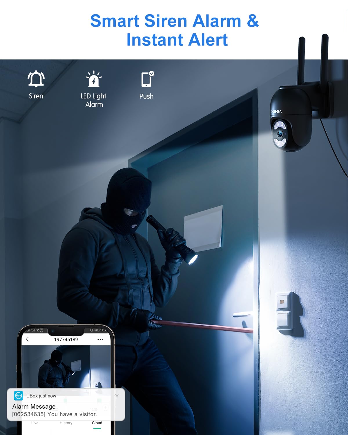 Xega 4G Camara Exterior con Tarjeta SIM, 24/7 Grabación Continua Cámara Vigilancia con Cable, PTZ 355°/100°, Detección Humano Seguimiento Automático Visión Nocturna Luz Sonido Alarma【Carga por Cable】