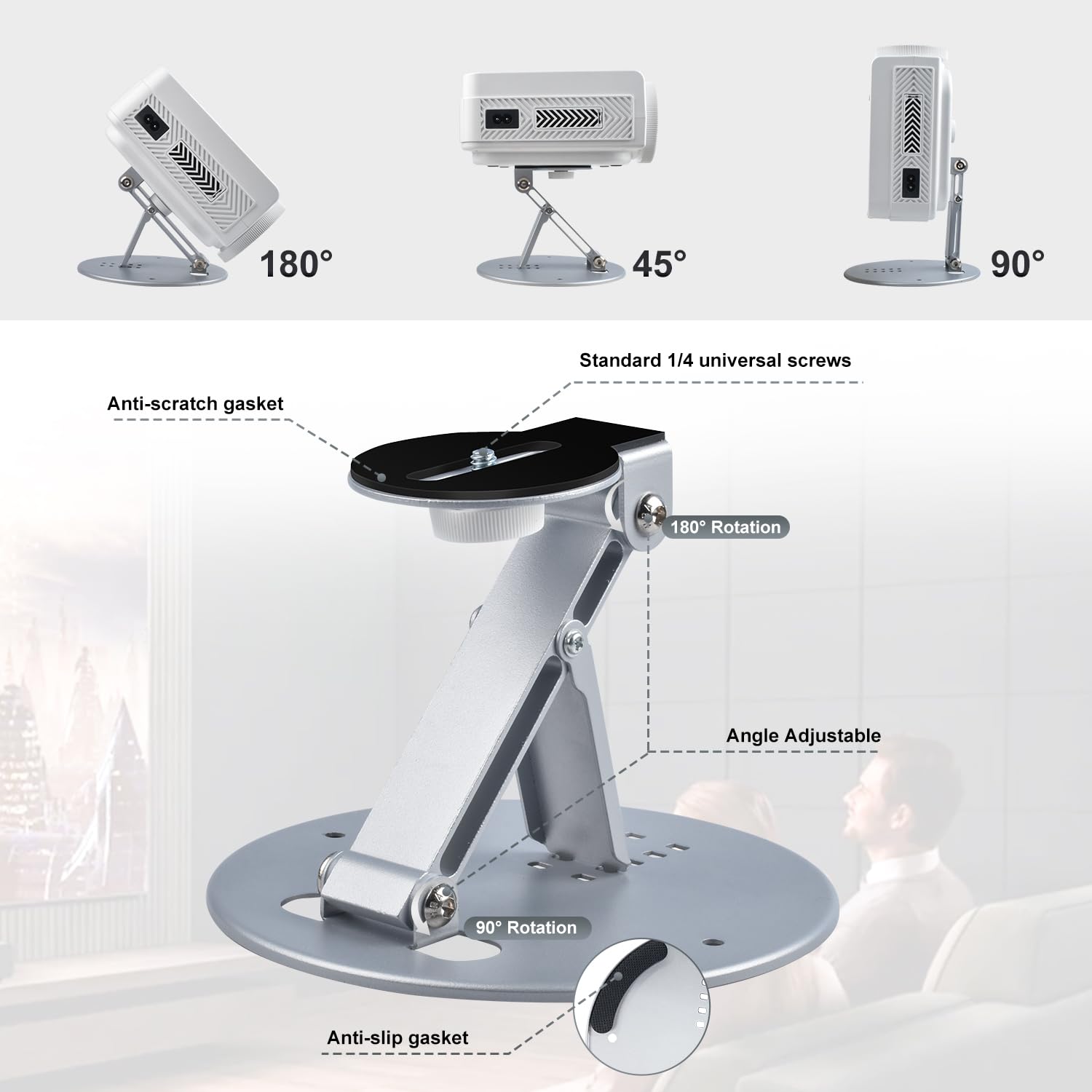 ZDSSY Supporto per proiettore, girevole a 180°, per proiettore con interfaccia a vite da 1/4" (6 mm), supporto di proiezione per proiettore da parete