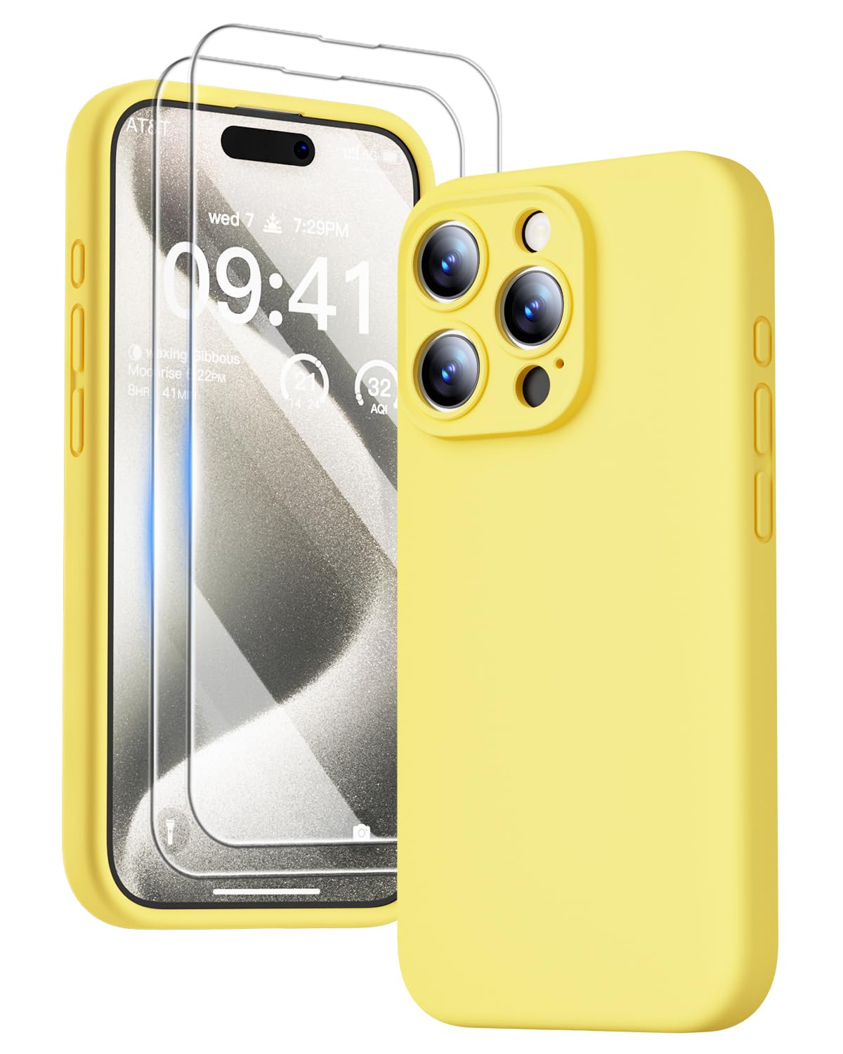 GOODVISH 3 in 1 iPhone 15 Pro Cover Silicone Premium 6.1" (2023), Custodia con 2 Pellicola Protettiva, Case per Cellulare Ultra Sottile Antiurto Resistente [Protezione Fotocamera], Giallo