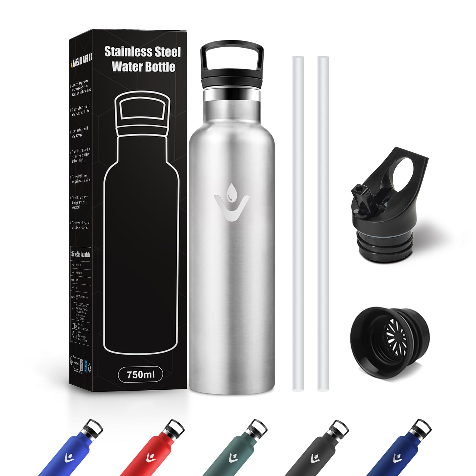 JAPORIA Borraccia Termica 750ml, Bottiglia con Cannuccia, senza BPA, Riutilizzabile, a Prova di Perdite, per Viaggio, Campeggio, Scuola, Gimnasio