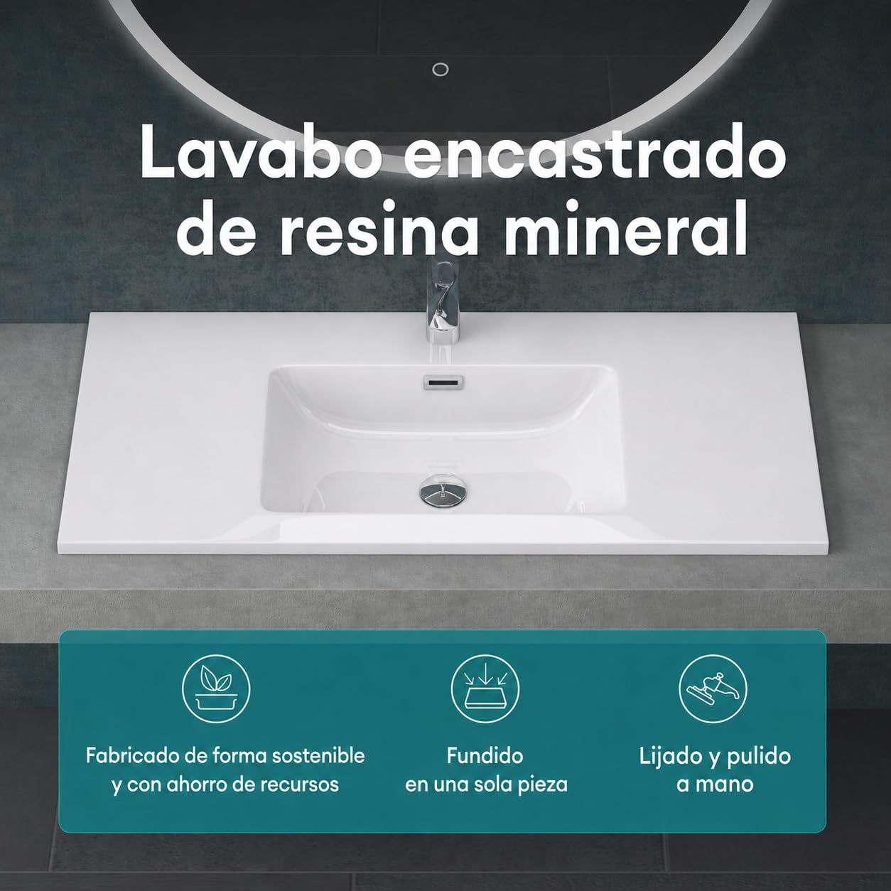 Mai & Mai Lavabo Empotrado sobre Encimera Baño Lavabo | Rectangular | Blanco Brillante | Mármol Fundido | 80x48x14cm | con Orificio para Grifo con Rebosadero | Colossum02 | Colossum02 - Lavabo empotrable rectangular con 1 orificio para grifo, función de r