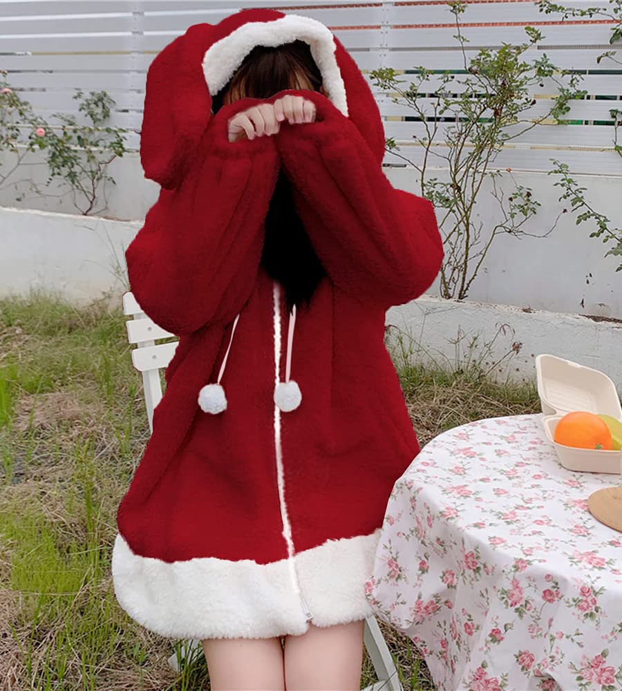 BZB Kawaii Anime Bunny Ear Hoodies For Women Sweet Lovely Fuzzy Fluffy Rabbit Sweater Tops Cosplay Jacket Coats