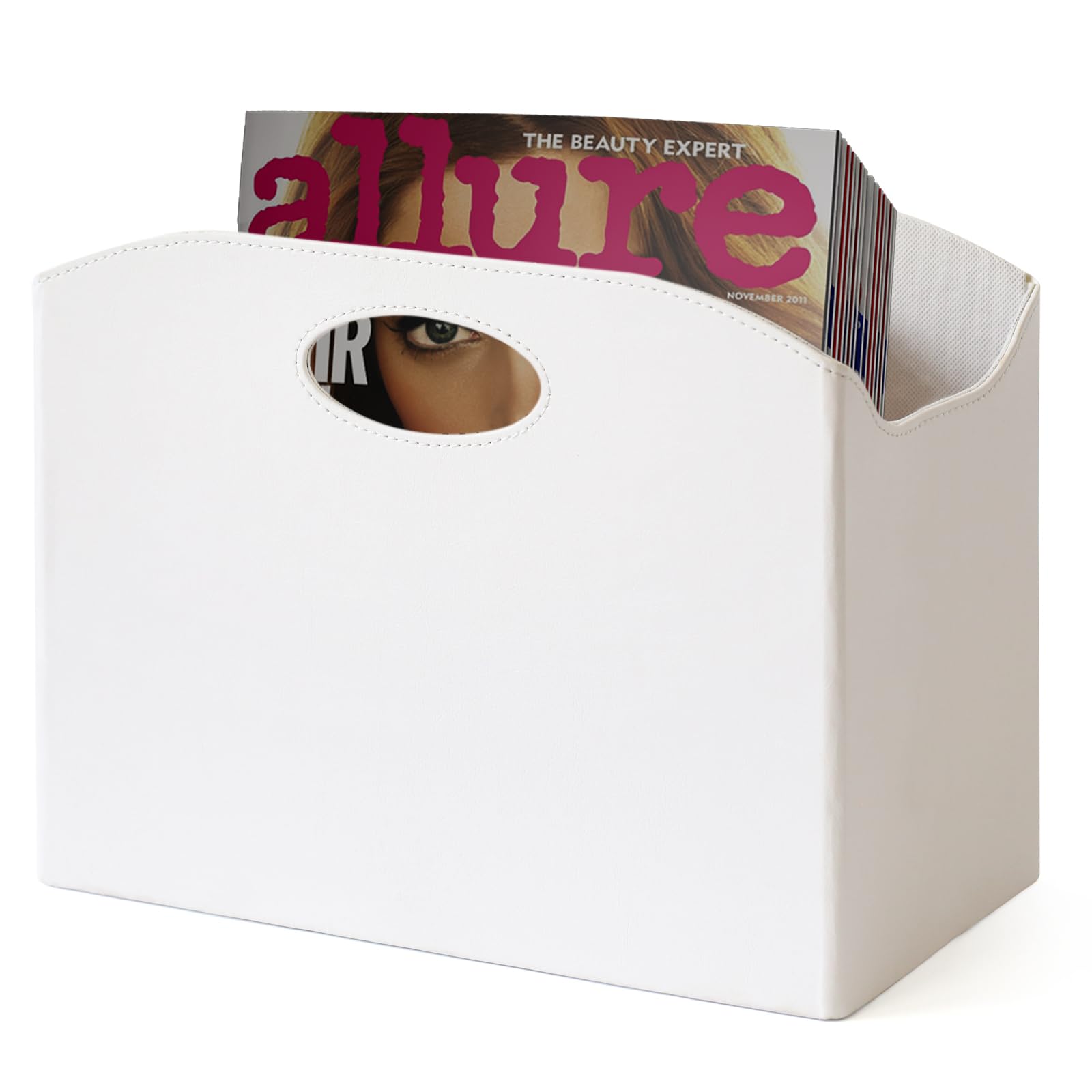 Magazine Holder Foldable Magazine Rack Floor PU Leather File Holder Newspaper Book Storage Basket Document File Folder Organizer for Office Home (White-1)