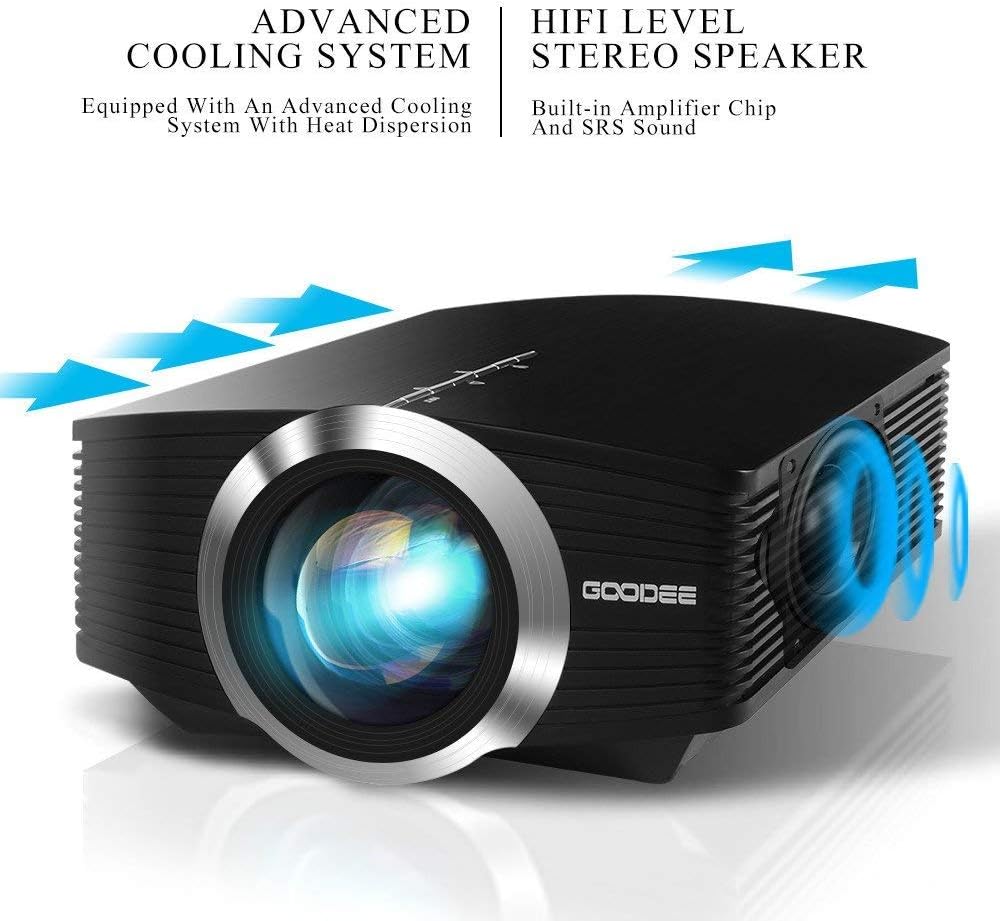 Example of projector placement in a living room setting, showing projection distance.