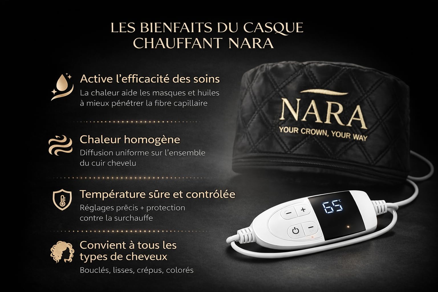 Casque Chauffant Cheveux NARA (Pack 4 en 1) - Soin Profond & Hydratation - Température Réglable - Pack Complet : Bonnet chauffant cheveux soin + Bonnet de nuit + Bonnet de douche + Peigne