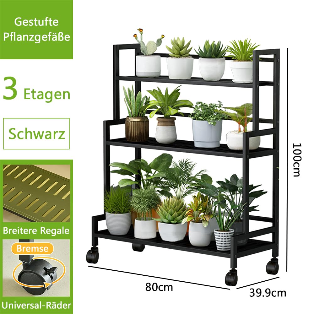 Pflanzenständer Blumenständer, 3 Etagen Metall Pflanzenregal mit 4 Rollen | Pflanzentreppe, Blumentopf Topfhalter, Multifunktionales Pflanzenregal für Outdoor Indoor Balkon, Garten, Wohnzimmer