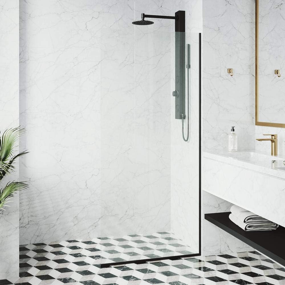 Zenith 34"W x 74"H Frameless Fixed Shower Screen Door in Matte Black with 3/8" Clear Glass