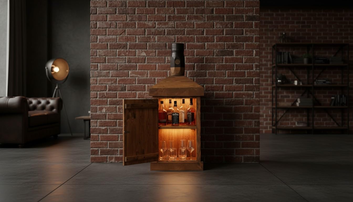 weeco Barschrank aus massivem Kiefernholz, Whiskyflaschen-Design, Braun, Rustikal, mit LED-Beleuchtung, Hausbar, 110 × 50 × 50 cm