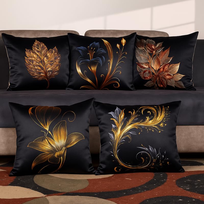 Vendola 3D Decorative Satin Sofa Cushion Covers Set of 5, 16 inch x 16 inch, Sofa Cushion Pillow Cover, Black and Gold Colour, Floral Design, Zipper Closure (TWI-lite, 16X16 Inches)-image-38