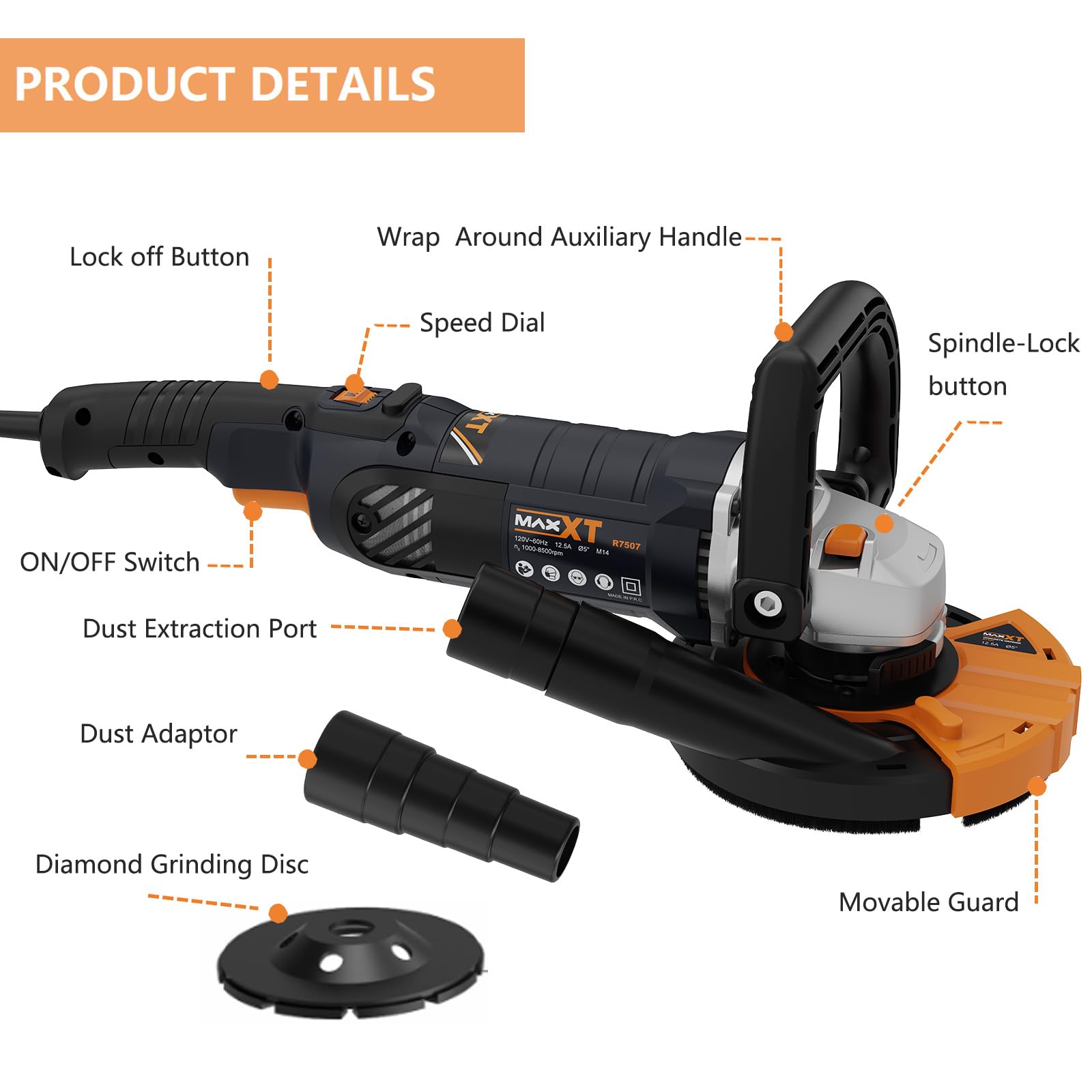 MAXXT Levigatrice per Cemento 1500W – 1000-8500RPM, 7 Velocità Regolabili, Protezione Rimovibile, 2 Dischi Abrasivi al Diamante Inclusi