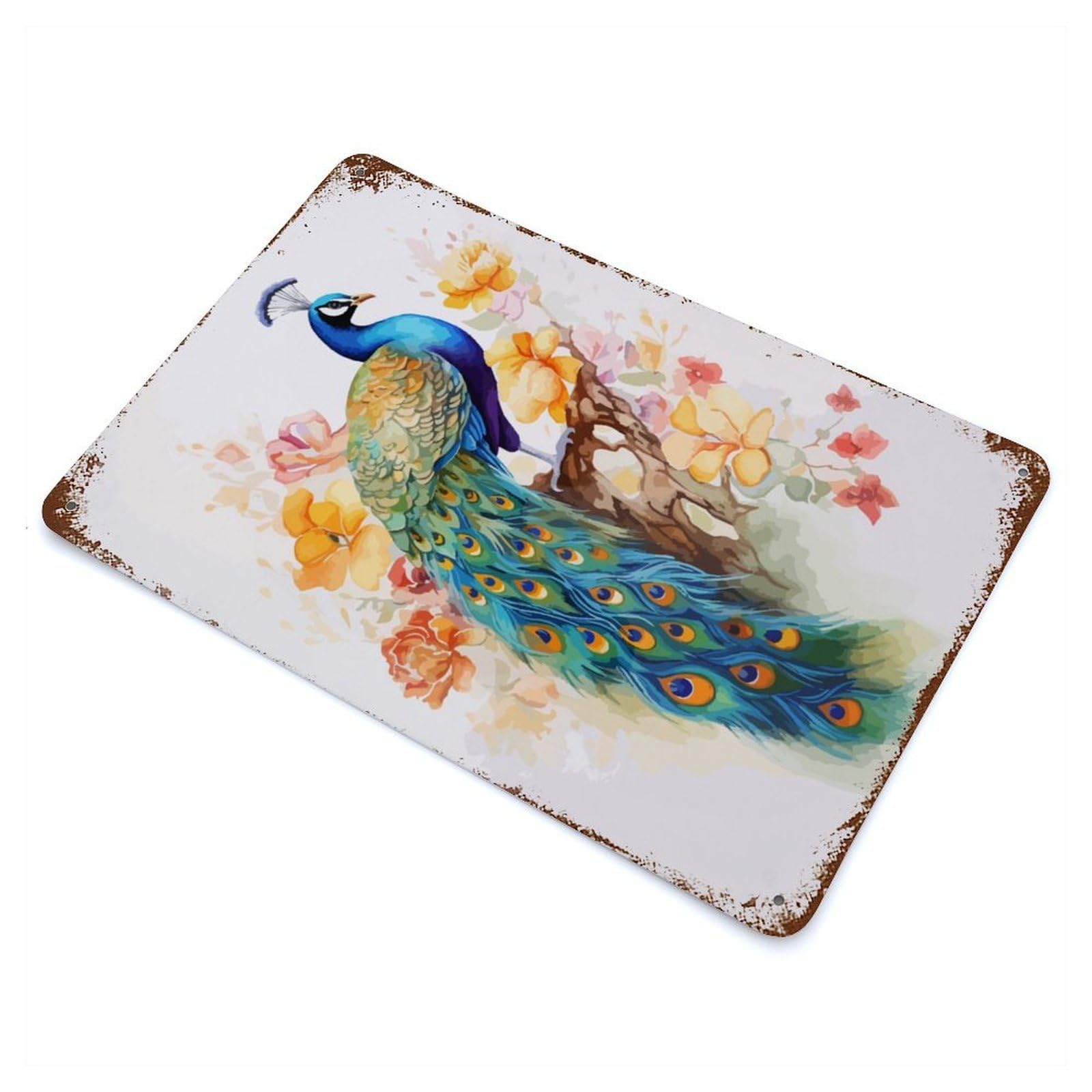 Sweet Peacock Watercolor 11.8"x7.9" Rusty Metal Tin Sign, Novelty Wall Decor for Cafe, Home Bar And Lounge Decor