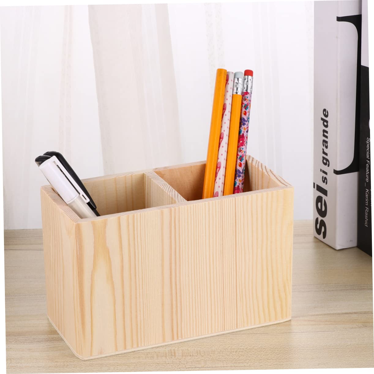 STOBOK Diy Pine Wooden Pen Holder with Two Compartments Small Desk Organizer for Ruler Scissors Stationery Remote Control Office Home Storage Accessories - Image 3