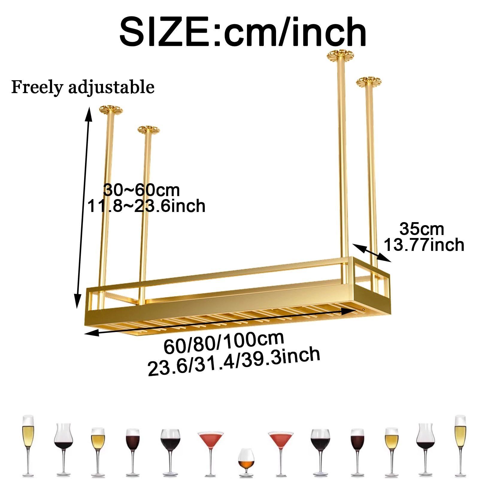 Ceiling Wine Rack, Adjustable Height Gold Multi Functional Hanging Wine Glass Rack, Large Capacity Wine Rack, for Bar, Kitchen, Cafe Wine Bottle Storage (Size : 100 * 35cm)