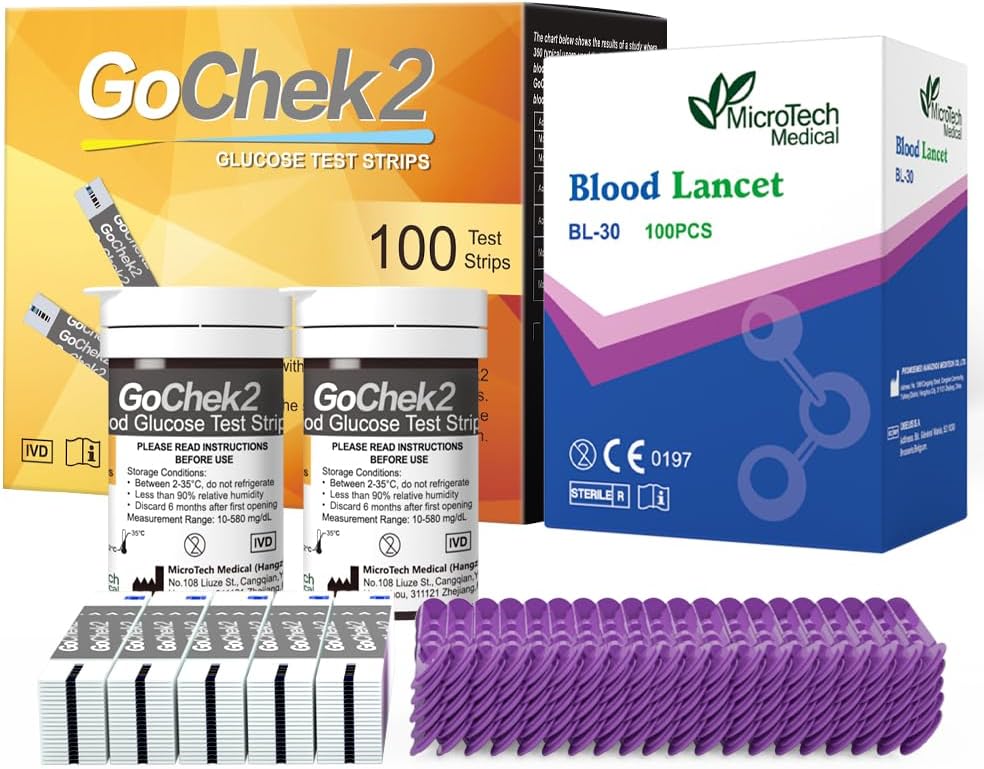 MicroTech Blood Glucose Test Strips & Lancets, 180d Opening Valid, Immune to Blood Oxygen, Only for Gocheck2, 100 Count. MicroTech Blood Glucose Test Strips & Lancets, 180d Opening Valid, Immune to Blood Oxygen, Only for Gocheck2, 100 Count.