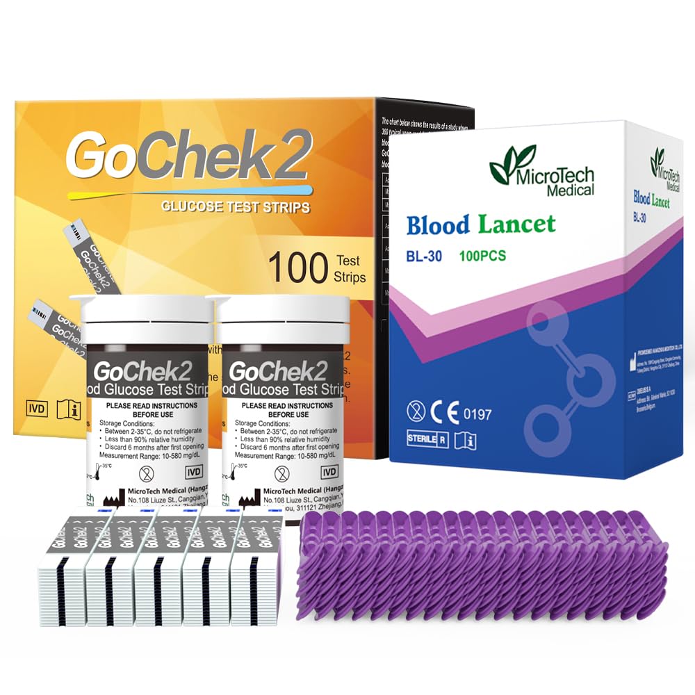 MicroTech Blood Glucose Test Strips & Lancets, 180d Opening Valid, Immune to Blood Oxygen, Only for Gocheck2, 100 Count. (5 packs)