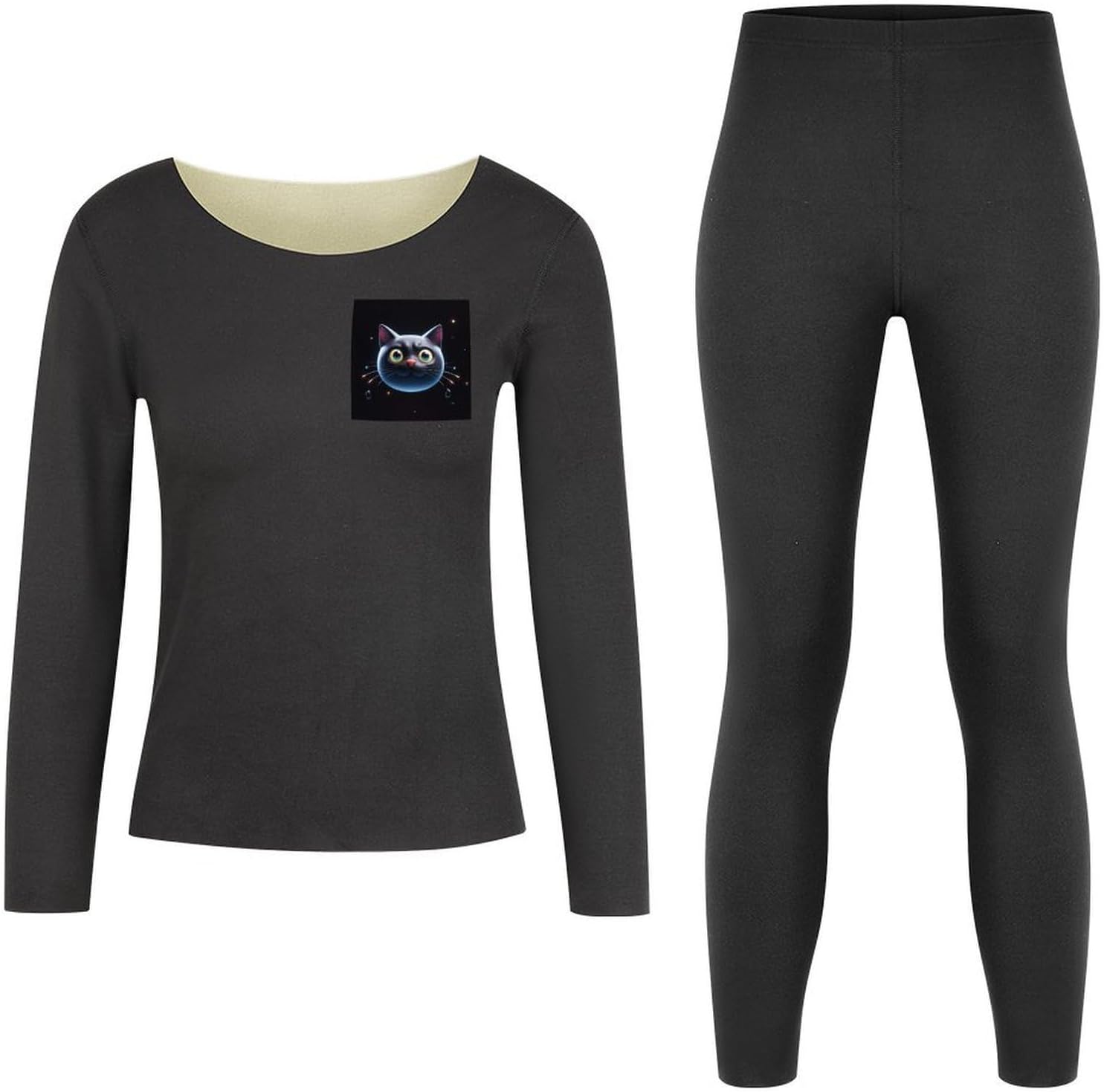 Cute Black Cat Shape Thermal Underwear Set for Women Long Johns Women Base Layer Top Bottom for Cold Weather
