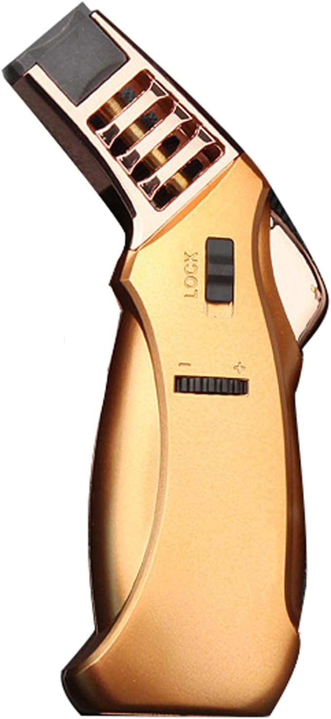 Torch Lighter Jet Blue Flame, Refillable Cigar Lighters with Adjustable Flame Press Ignition, Windproof Lighter for BBQ Cooking Welding(Butane Not Included), Gold