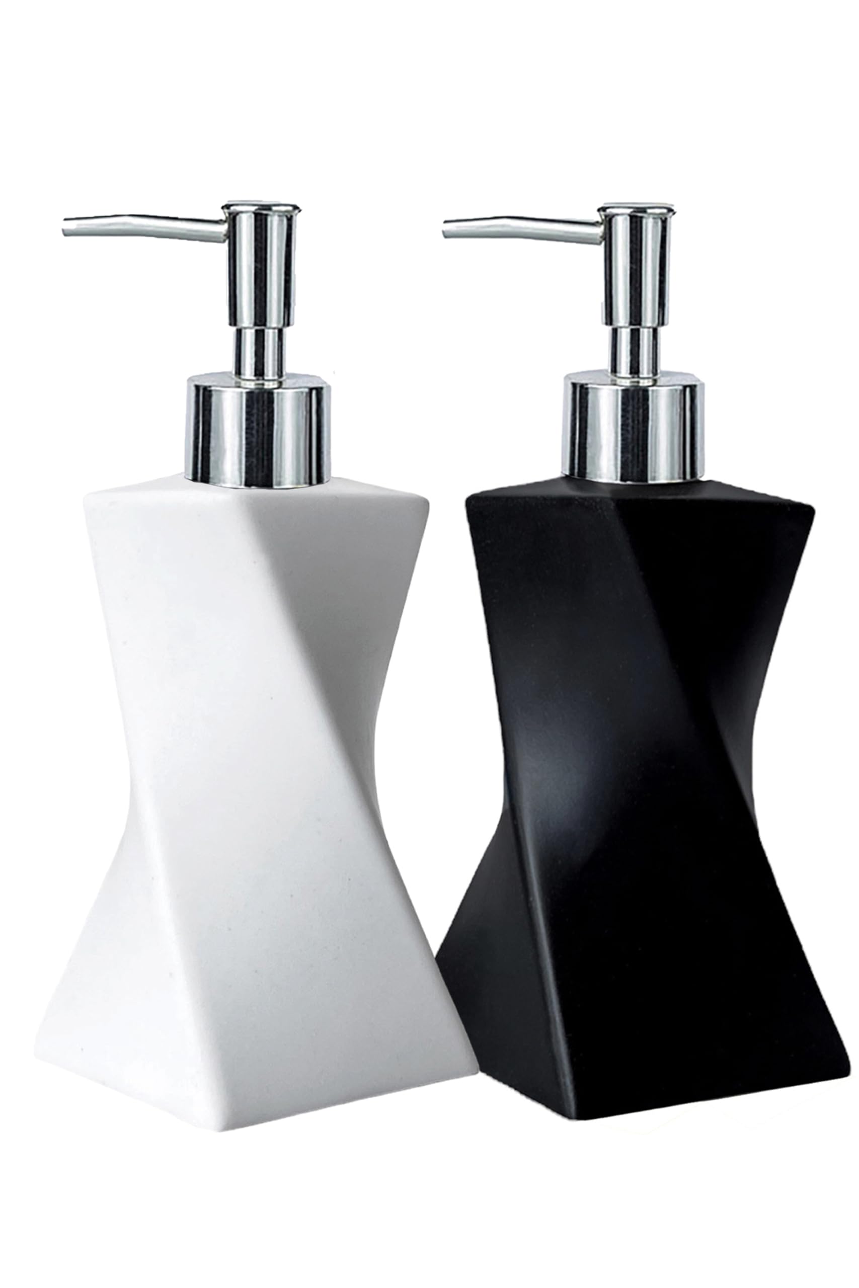 Set di 2 dispenser di sapone moderno bianco e nero con pompa argentata per bagno e cucina, stile arte contemporanea, finitura opaca, antiruggine, 250 ml