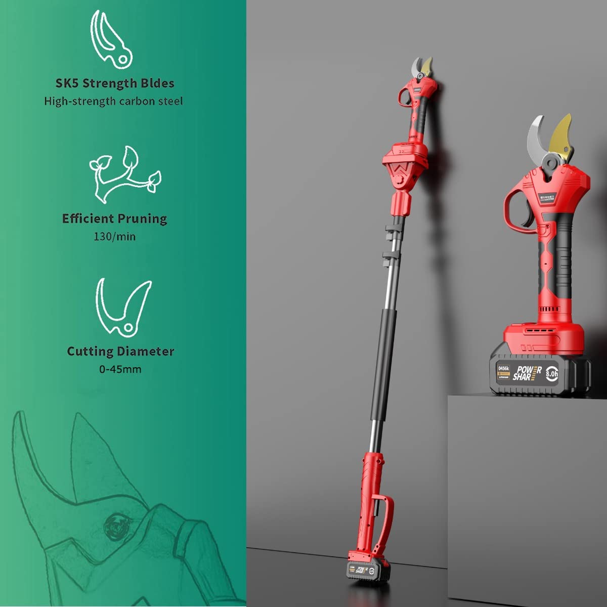 Cesoia Elettrica A Batteria Con Asta Estensibile - Forbici Potatura Professionale Per Alberi, Taglio 45mm, 2/3 Batterie - Foto 6
