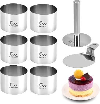 6 pack Seamless Mousse Ring Set 3 inch Stainless Steel Round Cake Cutter Food Pastry Mold for Baking Includes 1 Lifter, 1 Pusher and 6 Rings