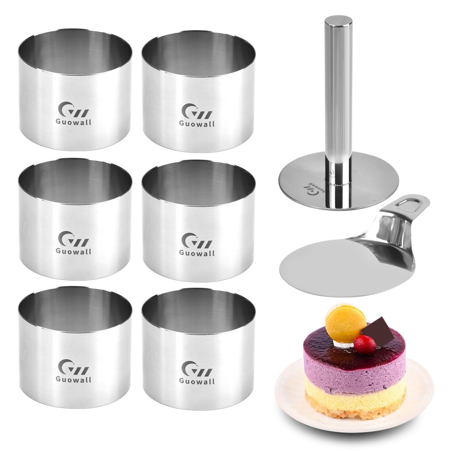 Guowall 6 pack Seamless Mousse Ring Set 3 inch Stainless Steel Round Cake Cutter Food Pastry Mold for Baking (Includes 1 Lifter, 1 Pusher and 6 Rings)