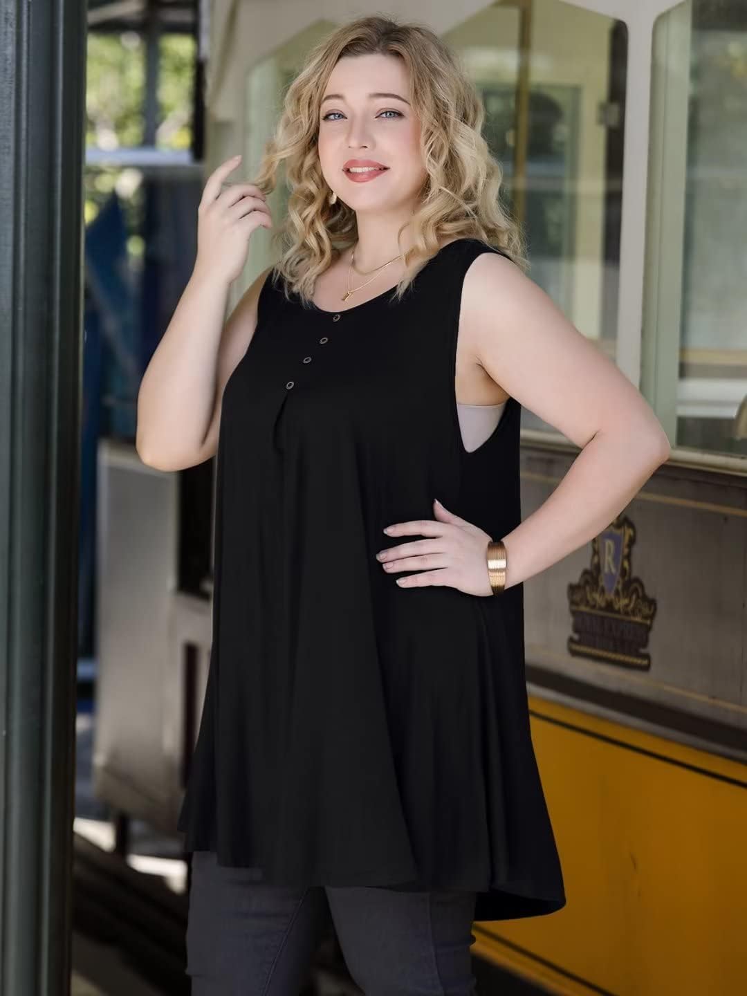 LARACE Tank Tops for Womens Summer Clothes Plus Size Sleevelss Tunic Button Down Shirts for Leggings - Image 3