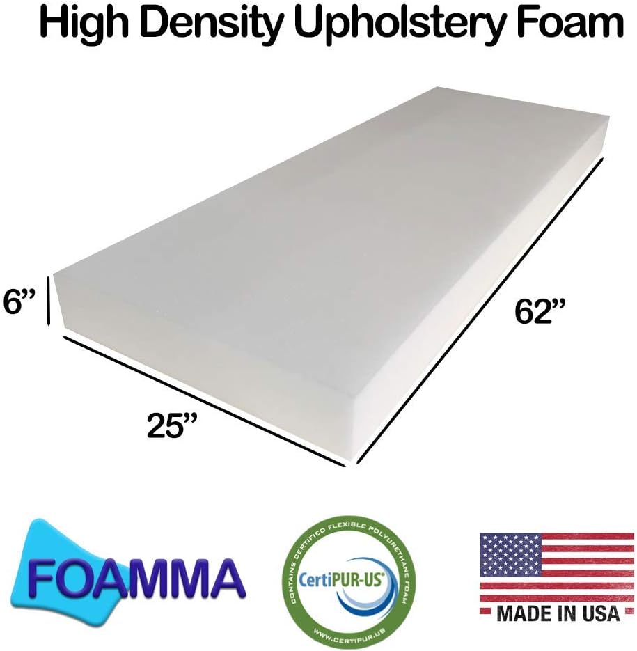 Foamma 6" x 25" x 62" High Density Upholstery Foam Cushion (Seat Replacement, Upholstery Sheet, Foam Padding) Made in USA