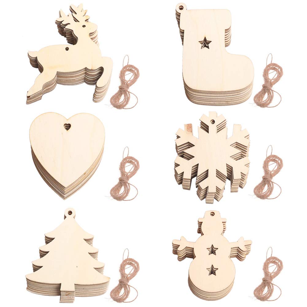 Colgante Navidad Madera 60PCS con Cuerda Colgantes de Madera para Navidad Decoración Arbol Navidad Ornamentos de Navidad,Adornos de Navidad Madera, Colgantes de Madera para Árbol para Navidad A