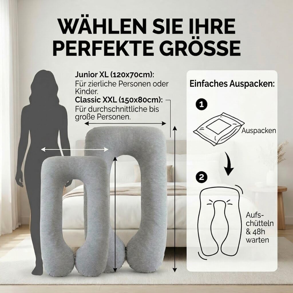 SMOOTHY XXL Schwangerschaftskissen Seitenschläferkissen U-Form 150x80 cm 100% Baumwolle Grau