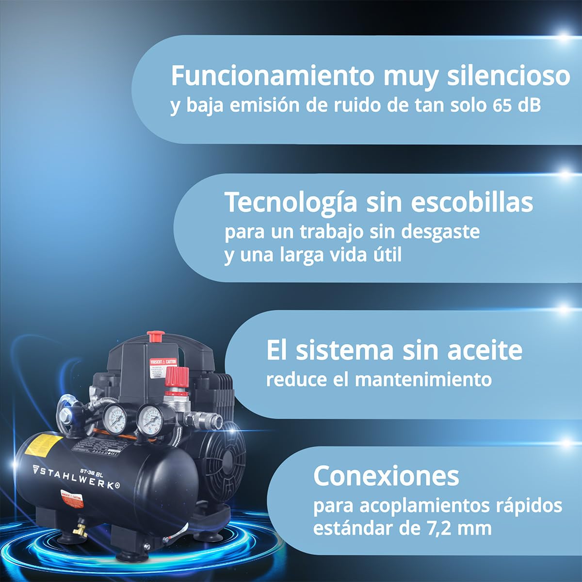 STAHLWERK Compresor con tanque de 3 L (ST-38 BL) – sin aceite y silencioso, 8 bar, compresor de aire con motores sin escobillas, 1,22 CV, 0,90 kW, 170 l/min, compresor de pistón silencioso