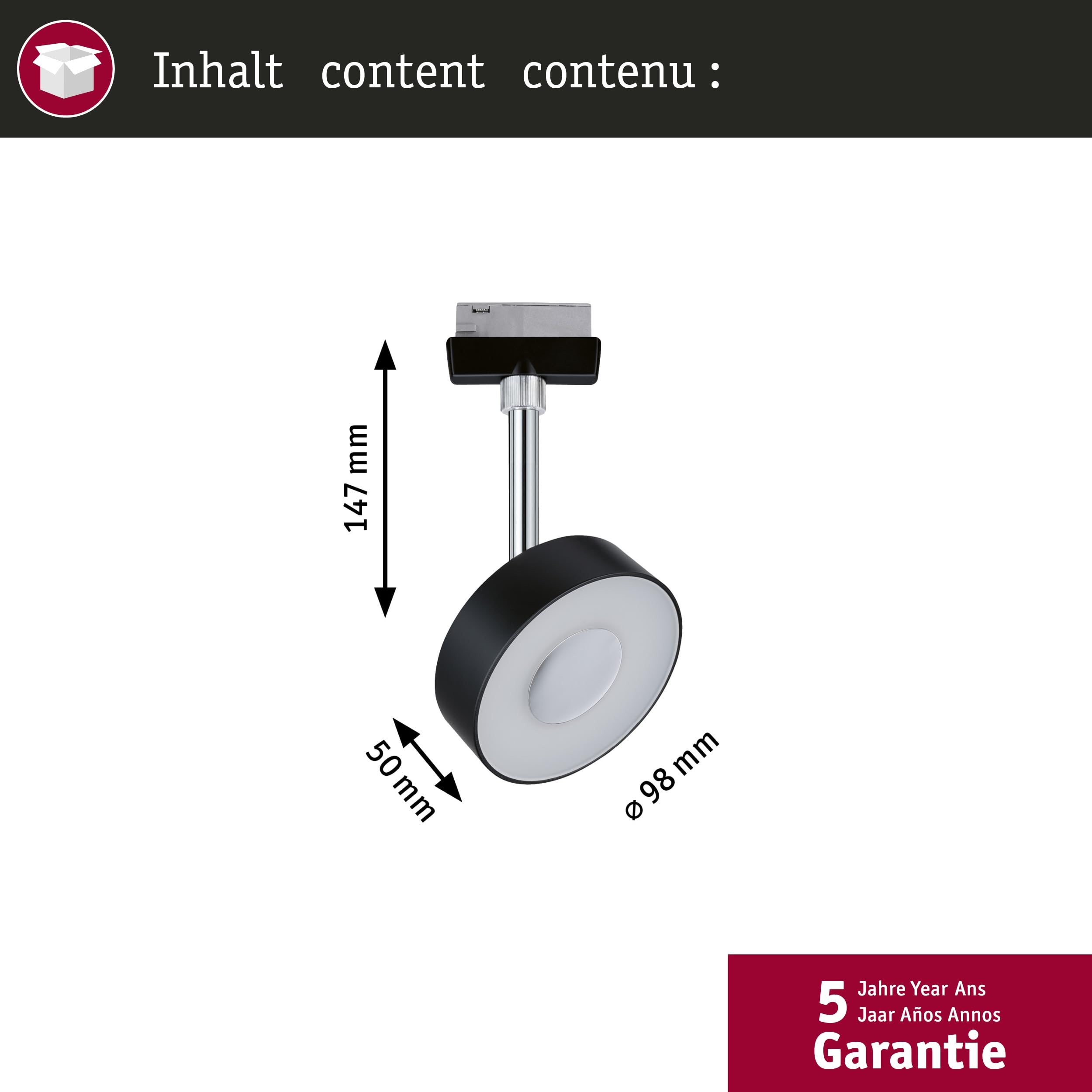 Paulmann 96915 URail LED Schienenspot Circle Einzelspot 152lm 5W 2700K dimmbar 230V Schwarz matt Schienensystem