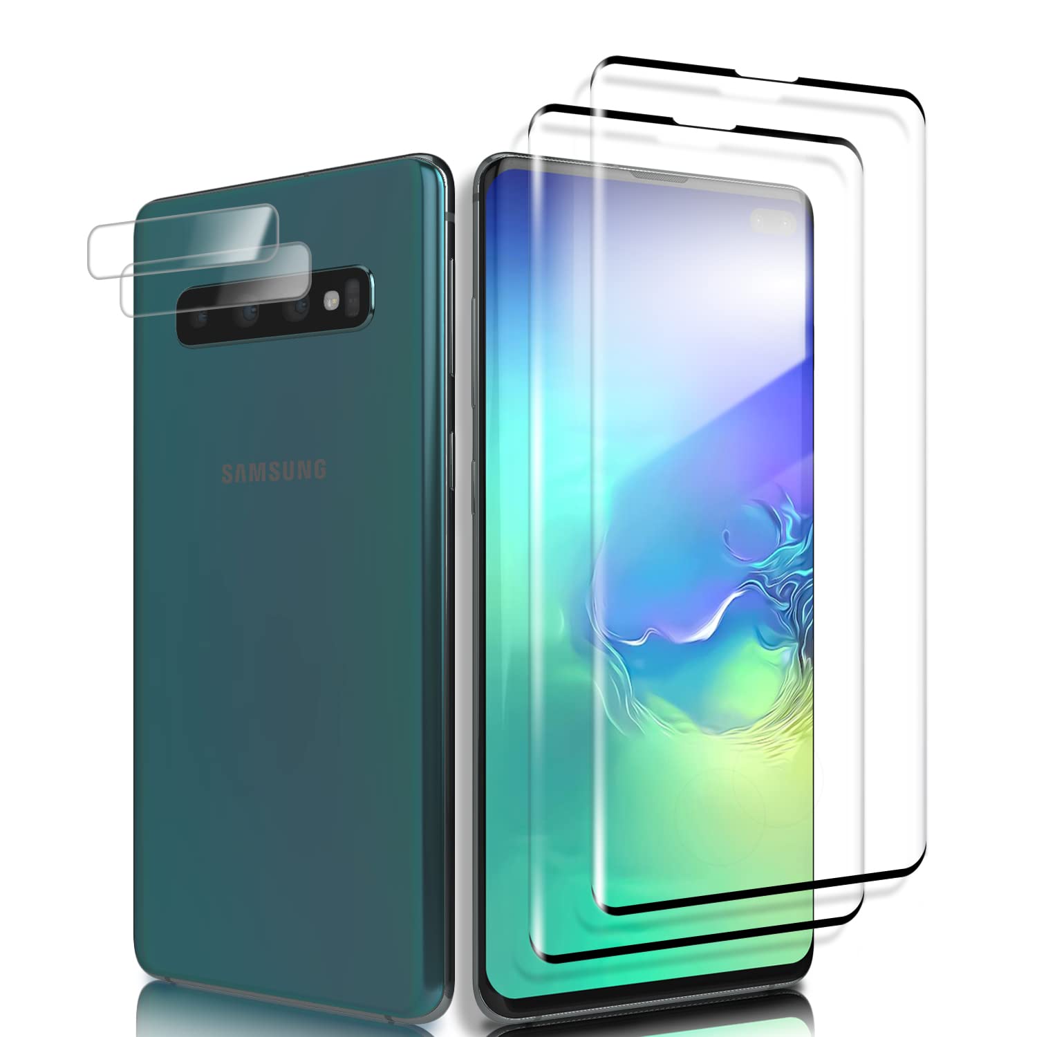 Three-Tree Tempered Glass Screen Protector for Samsung Galaxy S10 Plus, [Pack of 2 & 2] with Camera Screen Protector Film, [Fingerprint Reader Function Top 9H 3D Full Coverage] for Samsung S10 Plus