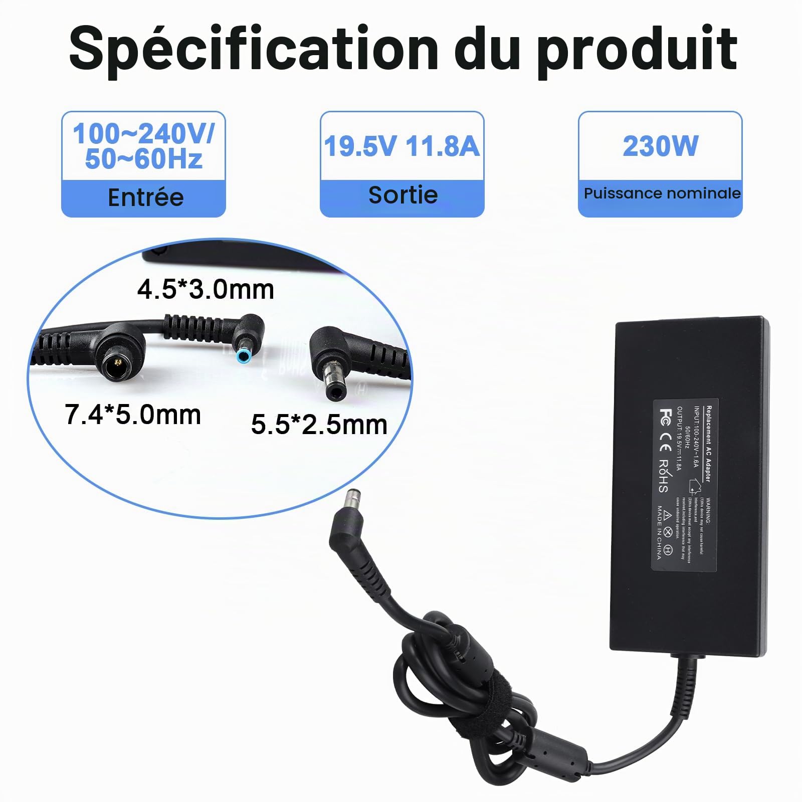 Chargeur pour ordinateur portable MXJFYY 230W pour MSI Stealth GS66 GS65 GS76 GS75 WS65 WS66 WS75 WS76 A12-230P1A A17-230P1A Creator 15 17 Stealth GL72 MSI Alimentation pour ordinateur portable de jeu
