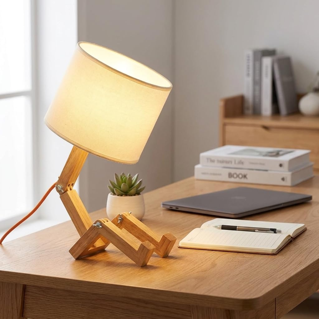 BARCELONA LED YOKI Holz Tischlampe Gelenkig, Skandinavische Schreibtischlampe im Figuren Design mit Weißem Stoffschirm, E27 Nachttischlampe für Schlafzimmer, Büro und Wohnzimmer