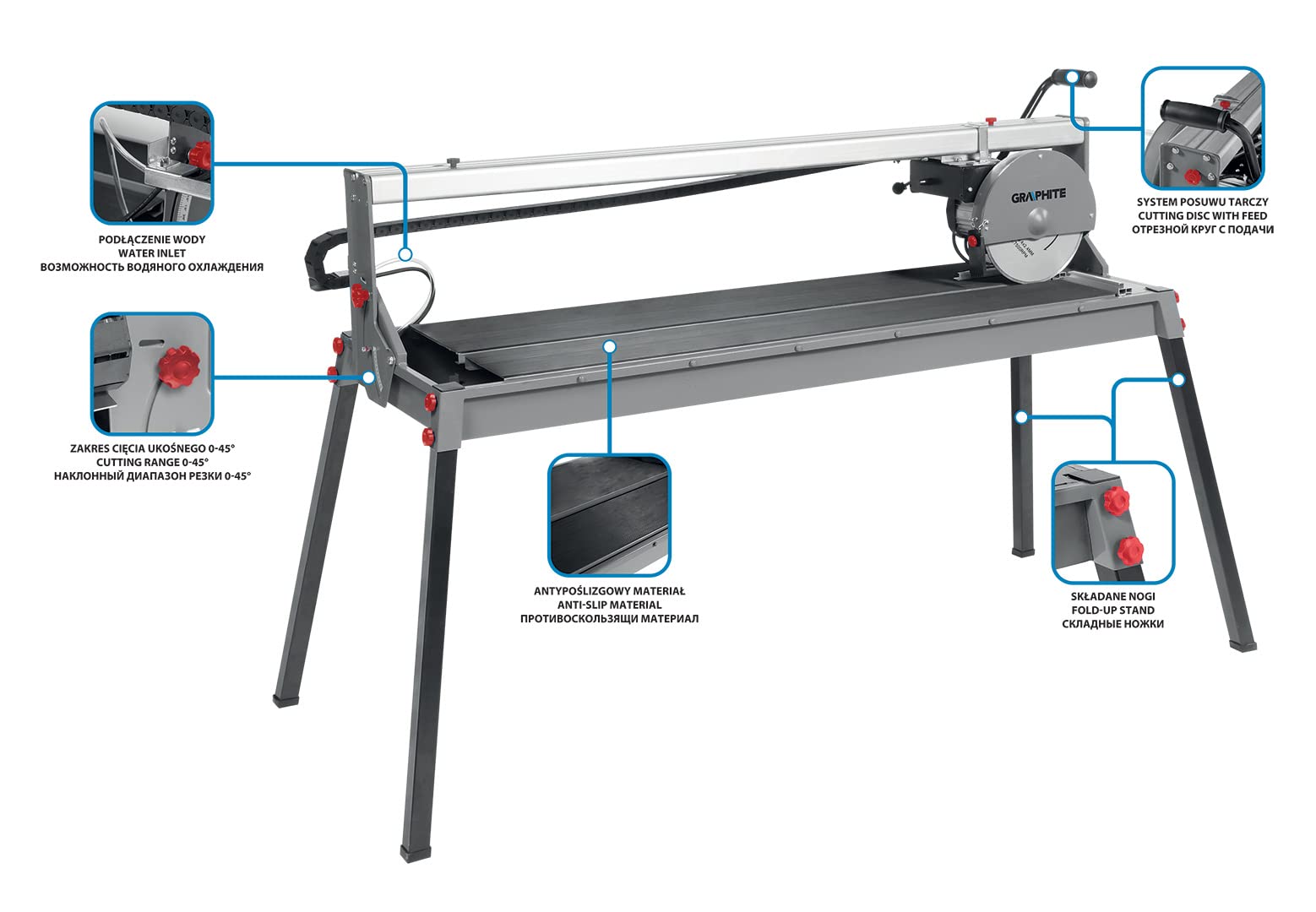 GRAPHITE Fliesenschneidemaschine 1500W 250x25 mm Schneidbereich 1200 mm max Schnitttiefe 90º/45º 52/46 mm