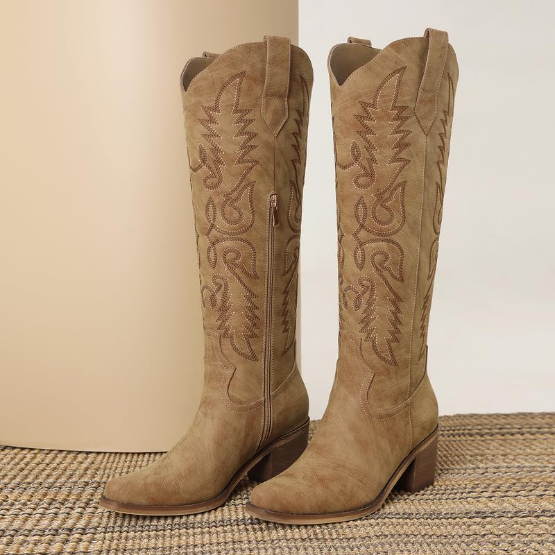Image of ZJA Cowgirl Knee High Embroidery Pointed Toe Boots for Women