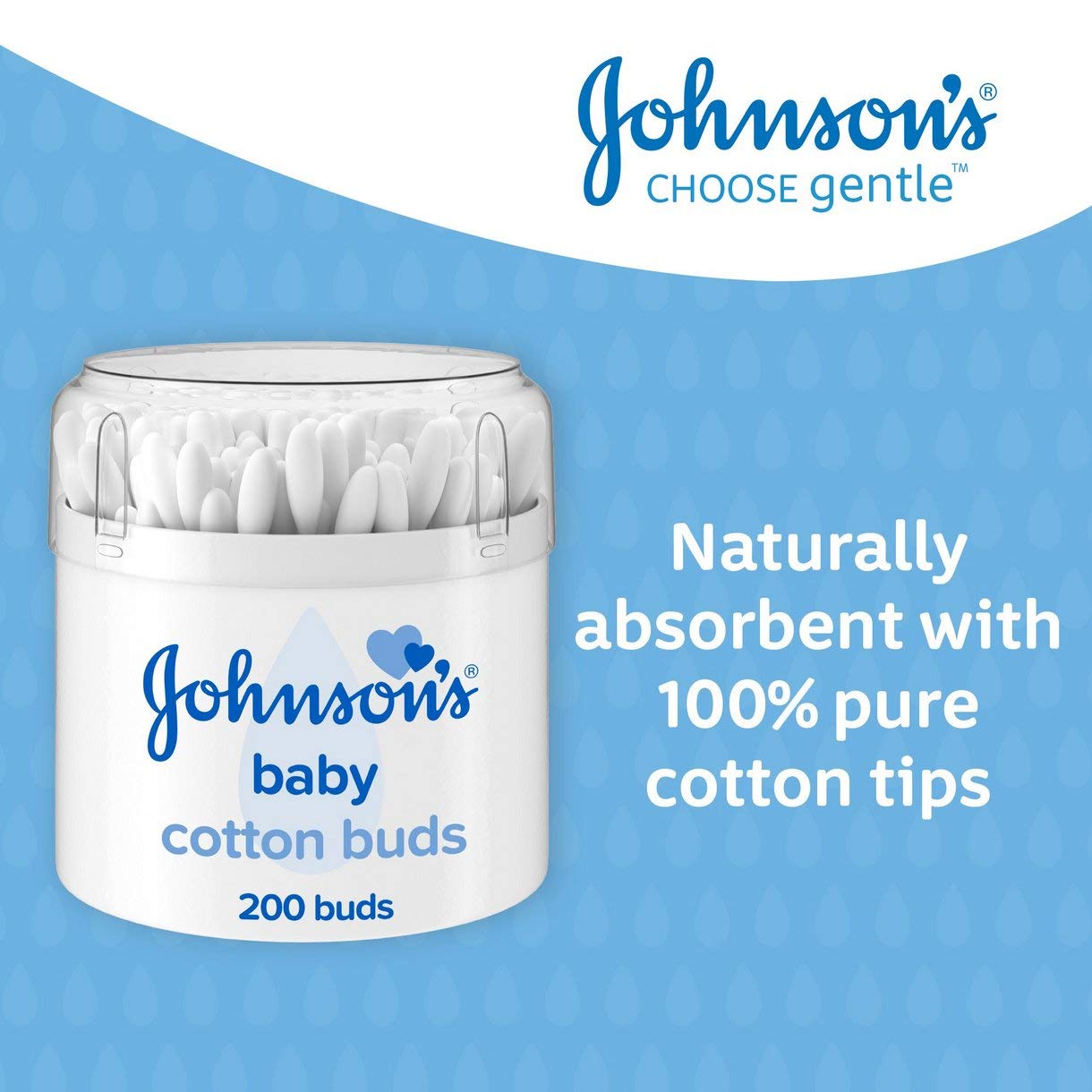 JOHNSON'S Baby Cotton Buds (200) Pack of 6 Naturally Absorbent with 100 Pure Cotton Tips