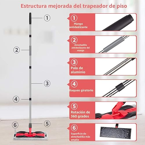 Miniatura 4 de MEXERRIS Trapeador de suelo de microfibra para limpieza de madera dura 360 rotaciones con mango ajustable 4 almohadillas reutilizables lavables para