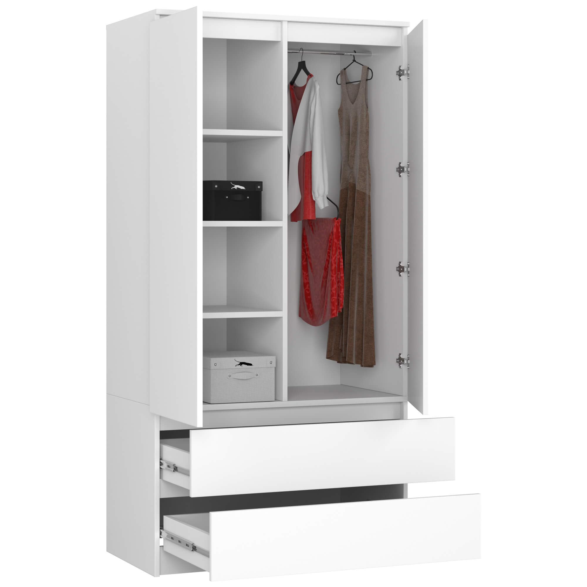 AKORD Armoire 2 Portes | Armoir Chambre 2 Tiroirs avec Etagères et Une Tringle | L90 x H180 x P51 cm | Panneau Stratifié 16mm | Armoire sans Penderie Chambre | Dressing Rangement Placard