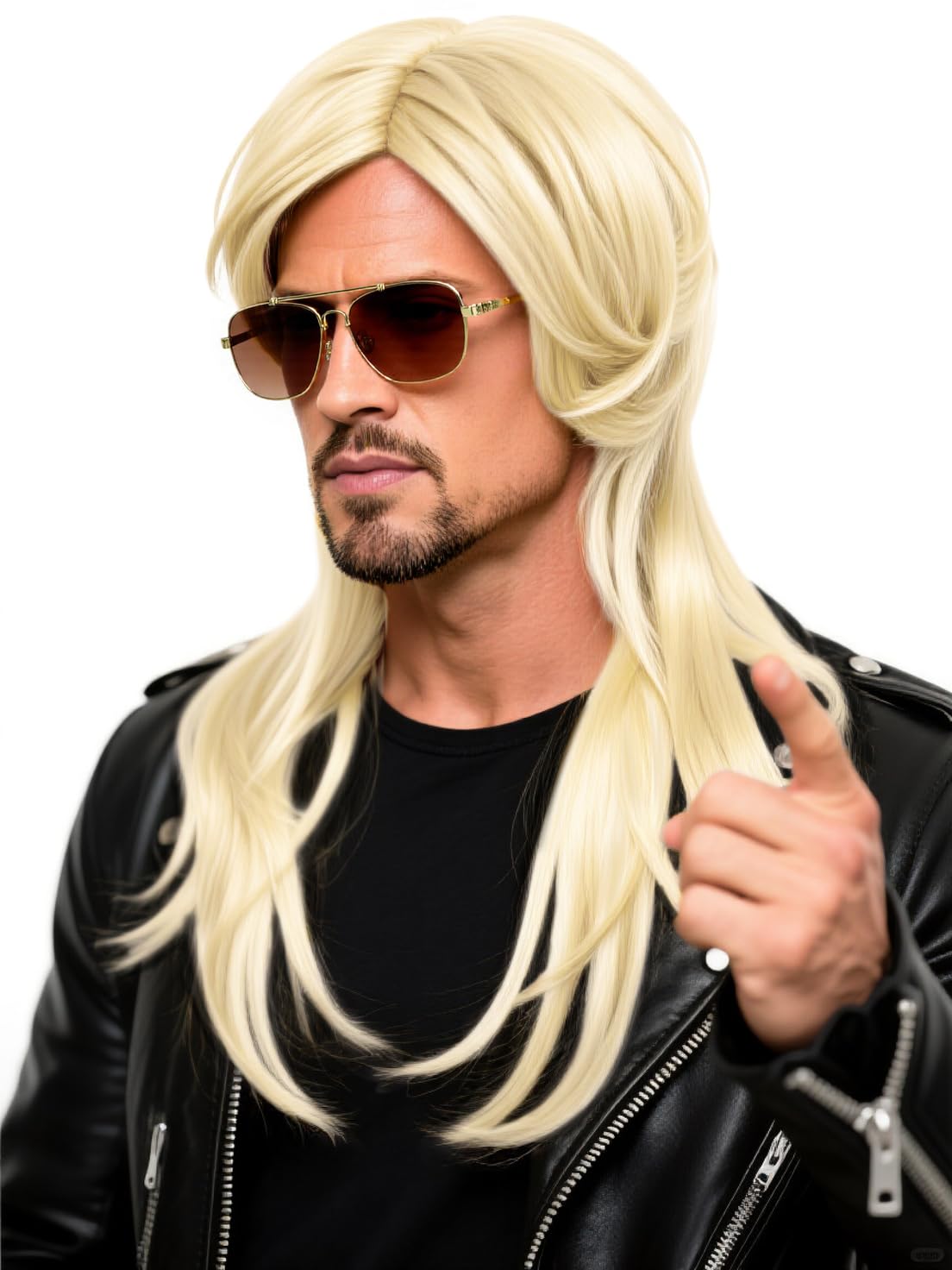 Men's Gold Long Straight Wig with Glasses Set 1980s Rock Halloween Party Wig (Blonde/Long)
