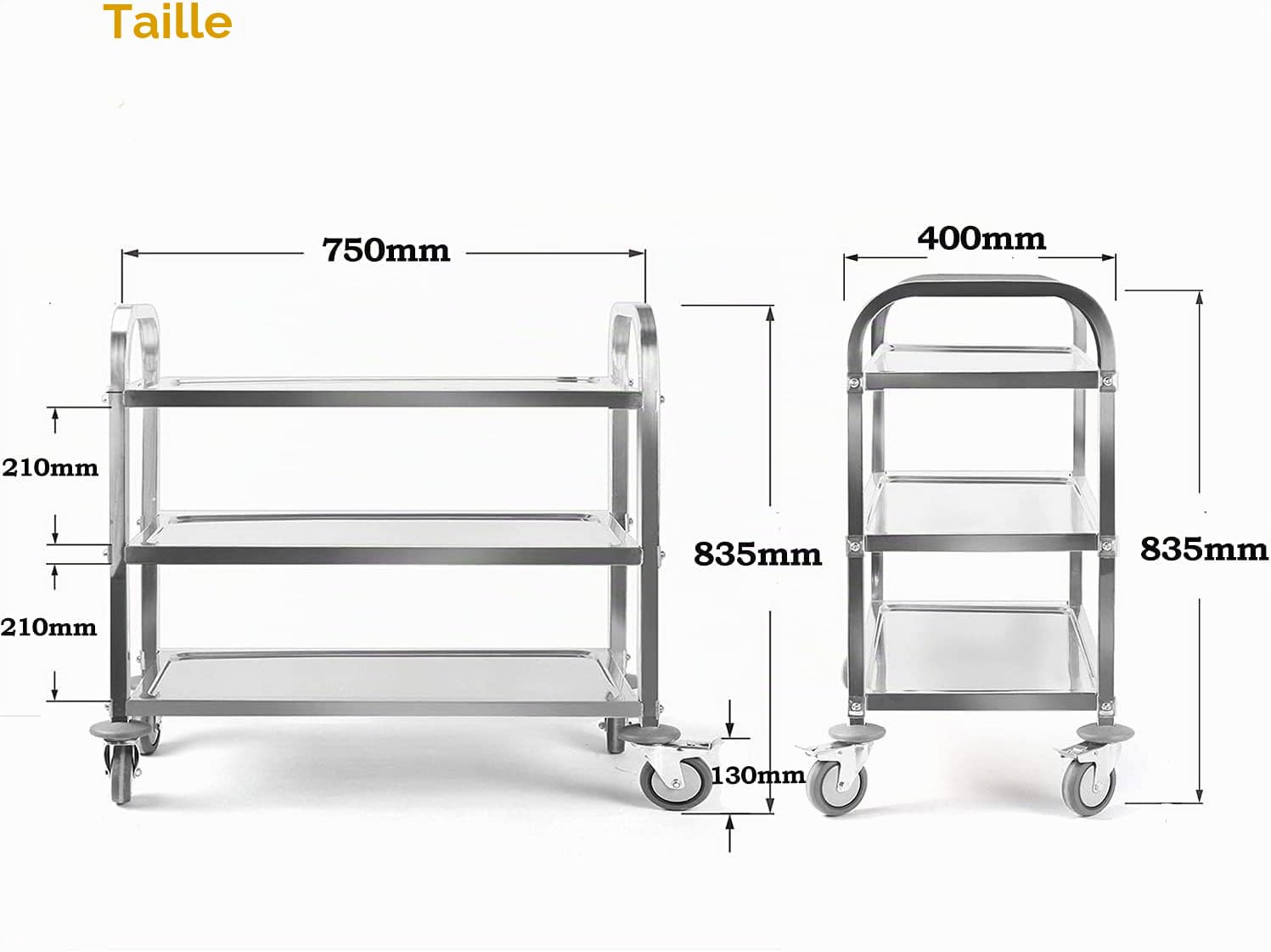 uyoyous Chariot Utilitaire en Acier Inoxydable avec roulettes et poignée,3 étages,Chariot de Cuisine en Acier,pour Restaurant et hôtel,2 Roues avec Frein de Frein et 2 sans Frein,75x40x83.5cm