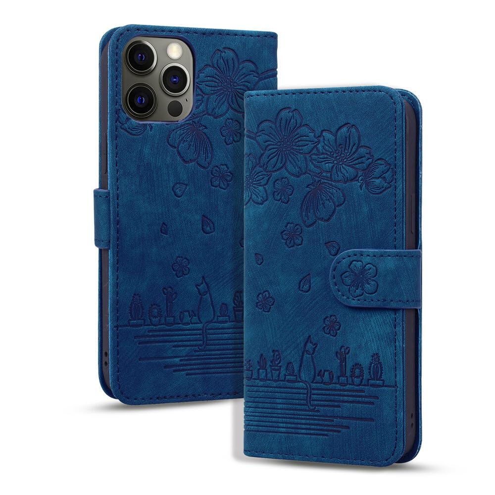 Generic Compatible avec iPhone 8/7/6/6S (couleur : bleu) étui à rabat en cuir motif chat et fleur