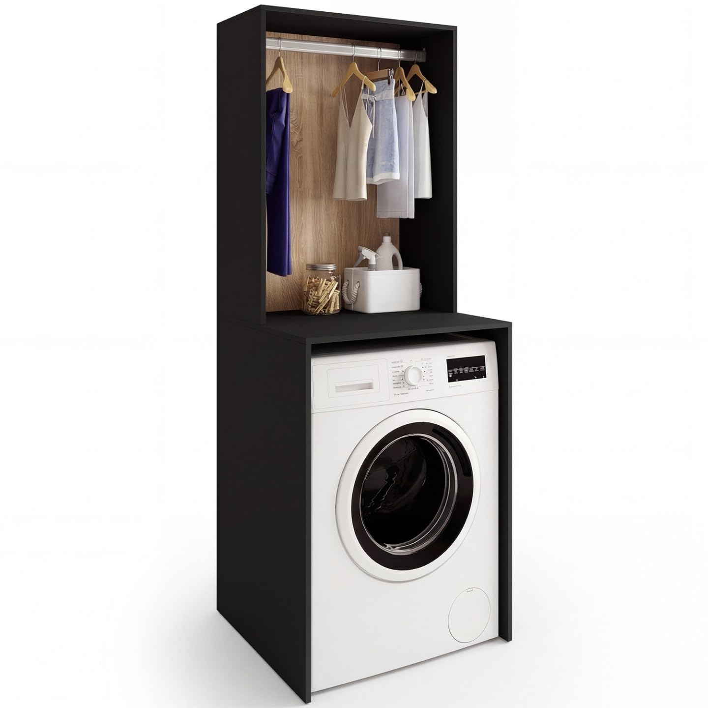 IDMarket - Meuble Dessus Machine à Laver avec penderie Wallis Noir et Bois façon hêtre