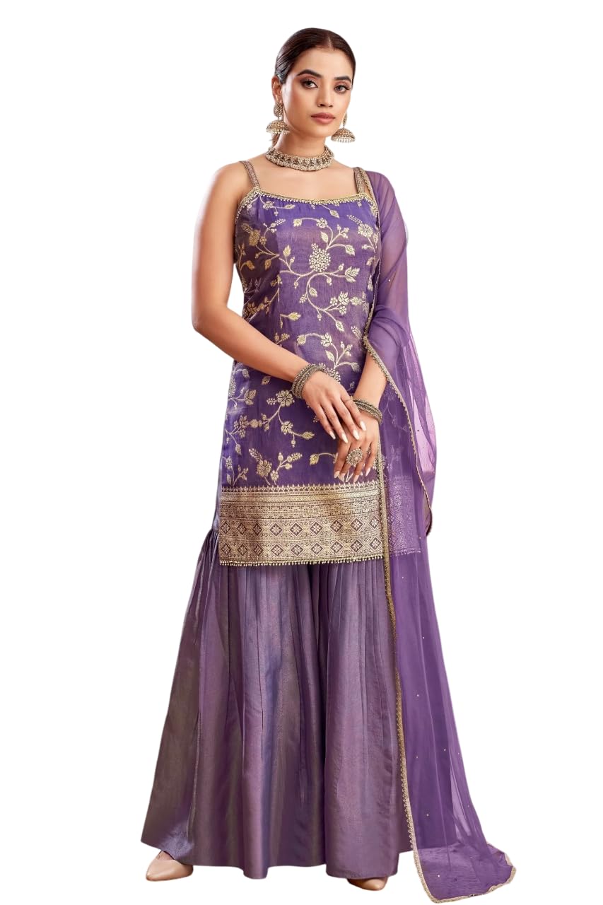 Womens Purple Color Banarasi Silk Kurta Sharara Set