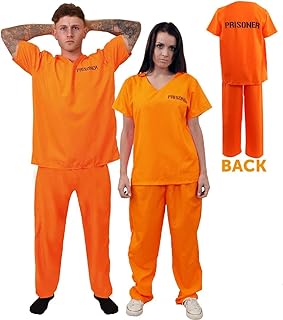 Mens Prisoners Convict Costume - Large - Orange Prisoner Top, Matching Orange Trousers – Cops & Robbers Halloween Fancy Dress Costume