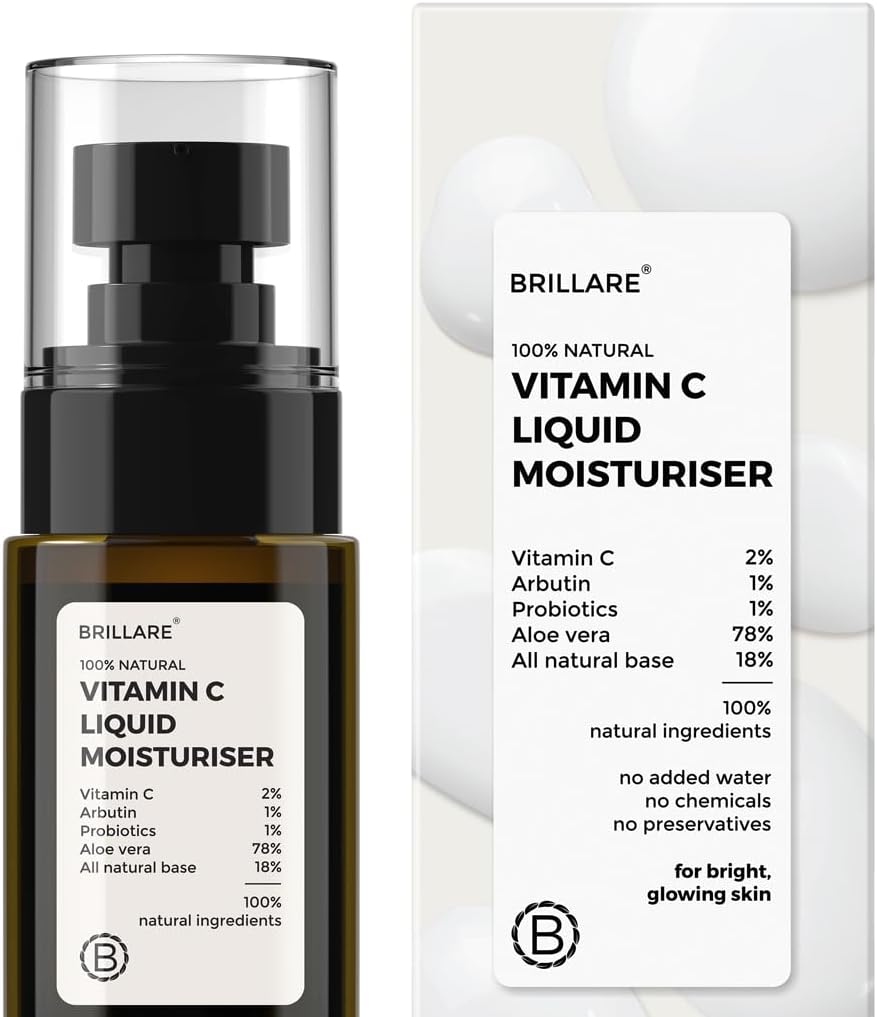 Brillare Vitamin C Liquid Moisturizer for Bright & Glowing Skin | Lightweight, Quick Absorbing Hydration | Visible Dark Spot Reduction in 7 Days | Natural Probiotics Face Moisturiser with Arbutin