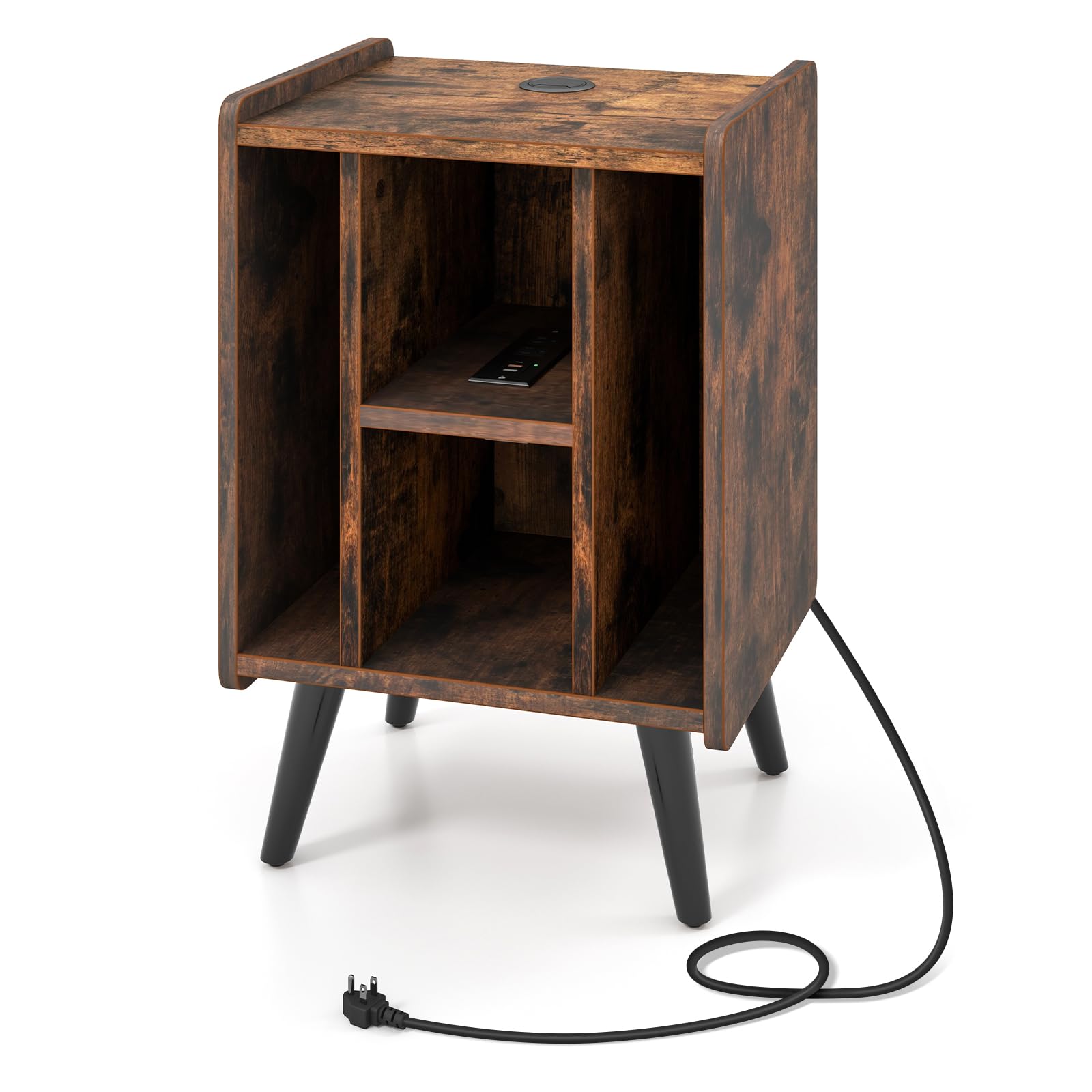 COSTWAY Table d’Appoint avec Station de Charge,2 Prises,1 USB Charge Rapide,1 Type-C,Pieds en Métal,Bout de Canapé, Armoire Meuble Tourne-Disque Vinyle avec Prise pour Salon Chambre (Marron Rustique)